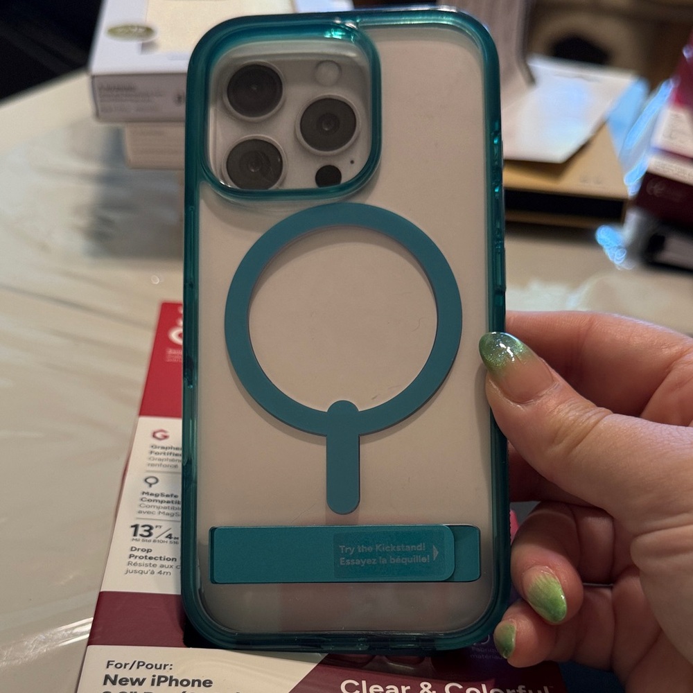Clear Phone Case with Teal Magnetic Ring and Kickstand